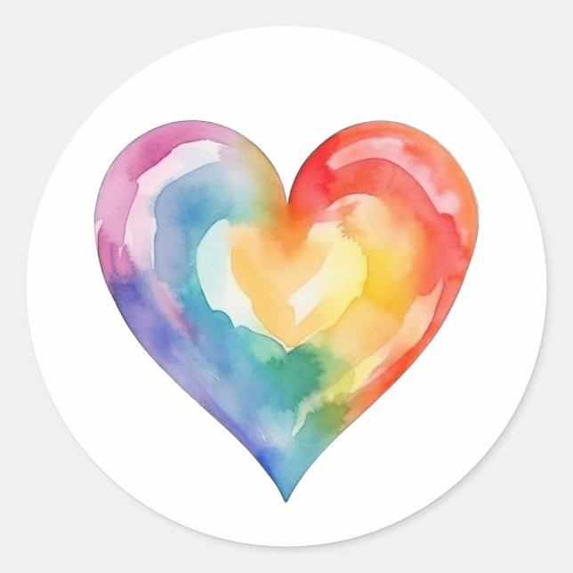 Watercolor Rainbow Heart Round Sticker (Front)