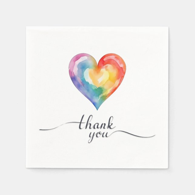 Watercolor Rainbow Heart Thank You Napkins (Front)