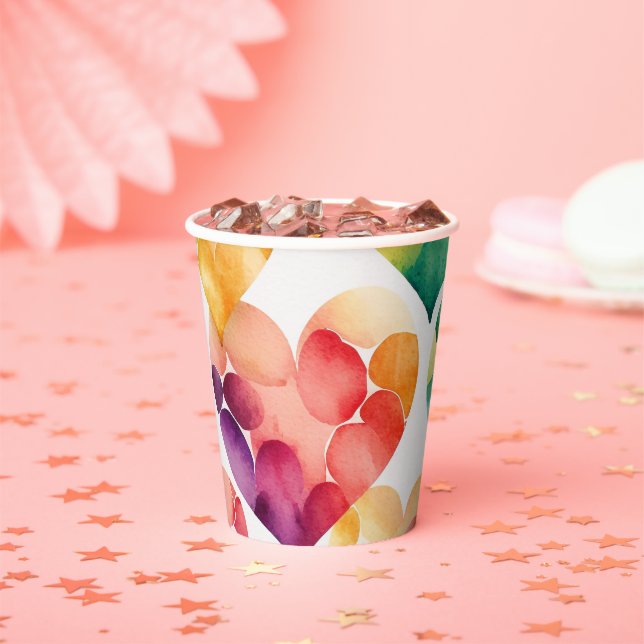 Watercolor rainbow hearts pattern. Valentines day Paper Cups (Insitu)