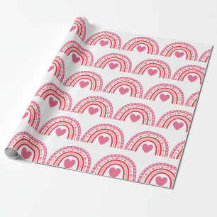 Watercolor Rainbow  Hearts Pink Wrapping Paper