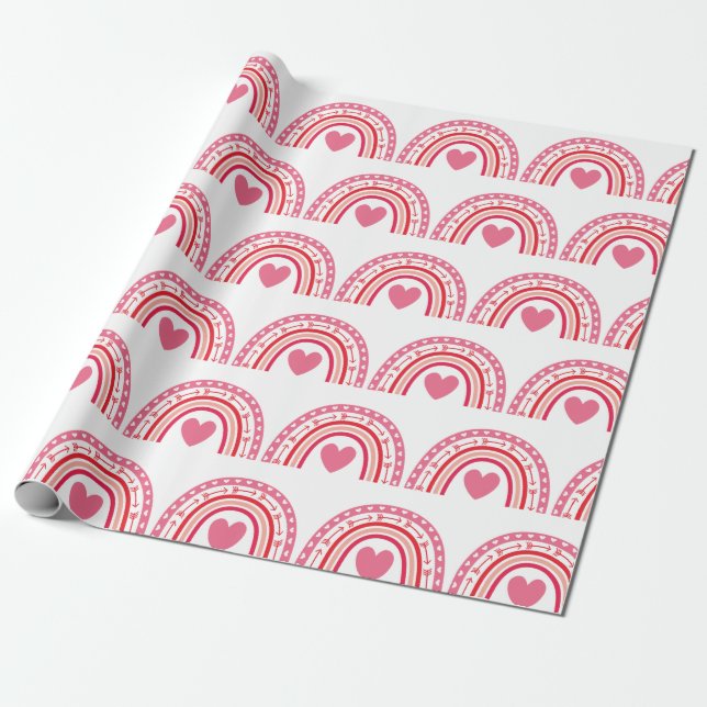 Watercolor Rainbow  Hearts Pink Wrapping Paper (Unrolled)