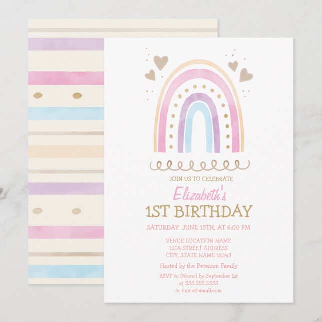 Watercolor Rainbow Hearts Striped Birthday   Invitation (Front/Back)