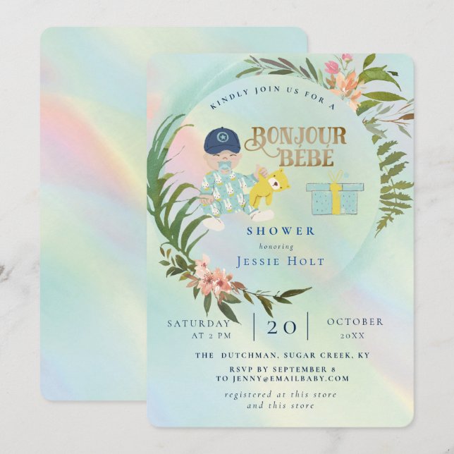 Watercolor Rainbow Holograph Bonjour Boy Baby Invitation (Front/Back)
