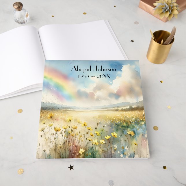 Watercolor Rainbow In Wildflower Meadow Guest Book (Front Open)