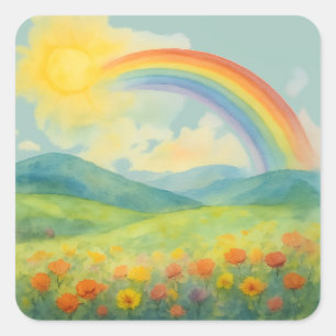 Watercolor Rainbow Landscape with Sun&Wildflowers Square Sticker