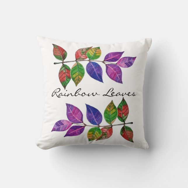 Watercolor Rainbow Leaves Throw Pillow (Front)