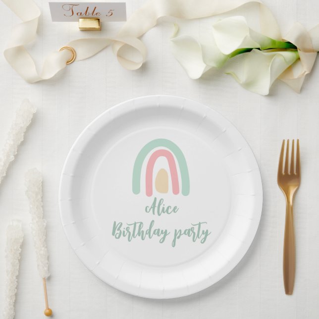 Watercolor rainbow minty yellow  Birthday  Paper Plate (Wedding)