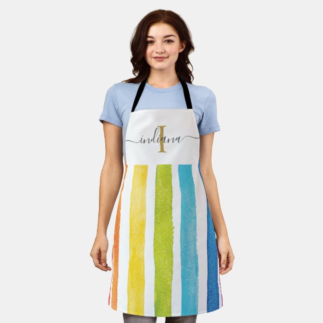 Watercolor Rainbow Monogram Script Mom Birthday Apron (Worn)