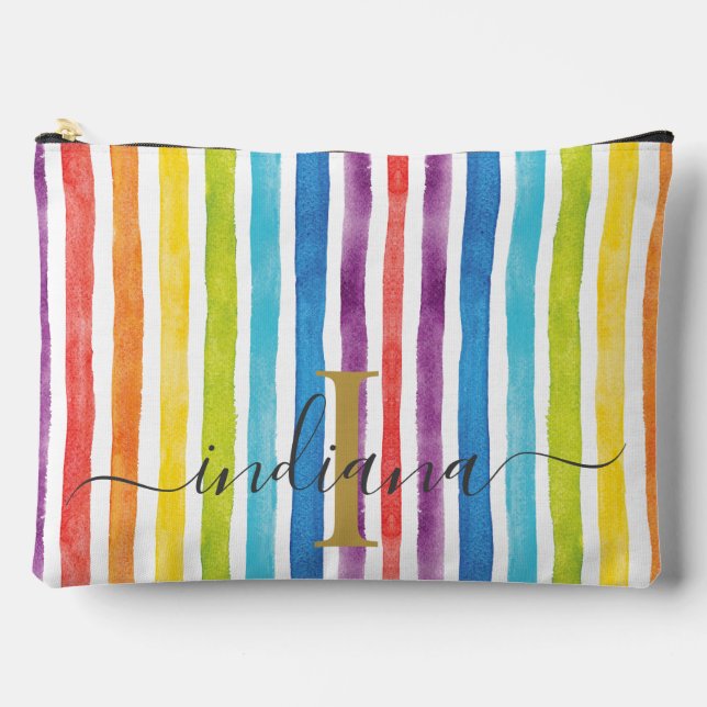 Watercolor Rainbow Monogram Stripes Personalized Accessory Pouch (Front)