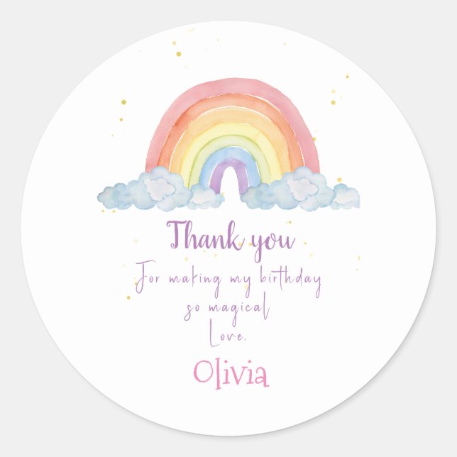 Watercolor Rainbow Party Thank you Classic Round Sticker (Front)