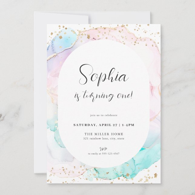 Watercolor Rainbow Pastel Gold Birthday Invitation (Front)