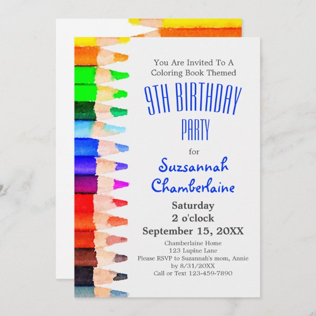 Watercolor Rainbow Pencils Children's Party Invitation (Front/Back)