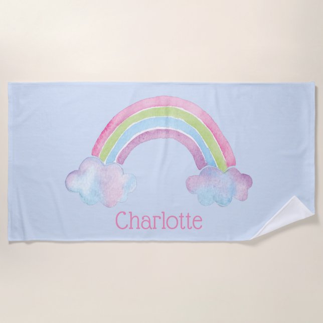 Watercolor Rainbow Personalized Kids Beach Towel (Front)