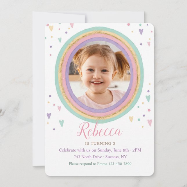 Watercolor Rainbow Photo Birthday Party Invitation (Front)