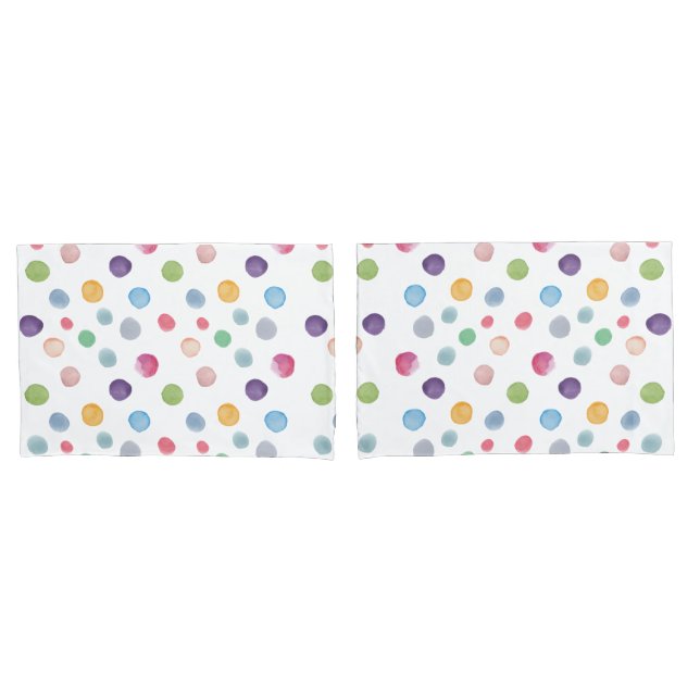 Watercolor Rainbow Polka Dots On White Pillowcase (Front-Set)