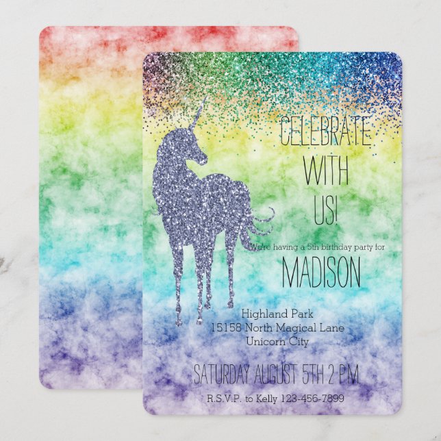 Watercolor Rainbow Purple Glitter Unicorn Invitation (Front/Back)