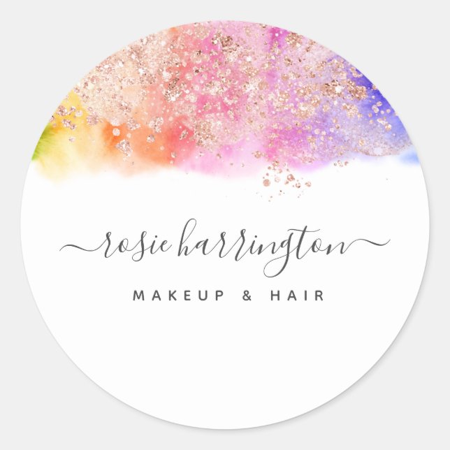 Watercolor Rainbow Rose Gold Glitter Girly Classic Round Sticker (Front)