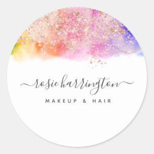Watercolor Rainbow Rose Gold Glitter Girly Classic Round Sticker