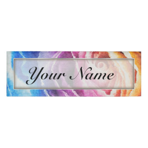 Watercolor Rainbow Rose Name Tag