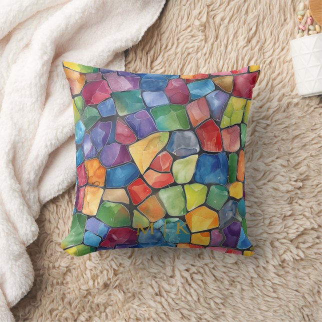 Watercolor Rainbow Stained Glass Throw Pillow (Blanket)
