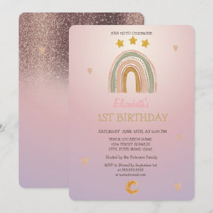 Watercolor Rainbow Stars Hears Glitter Birthday Invitation