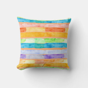 Watercolor Rainbow Stripes Abstract Throw Pillow
