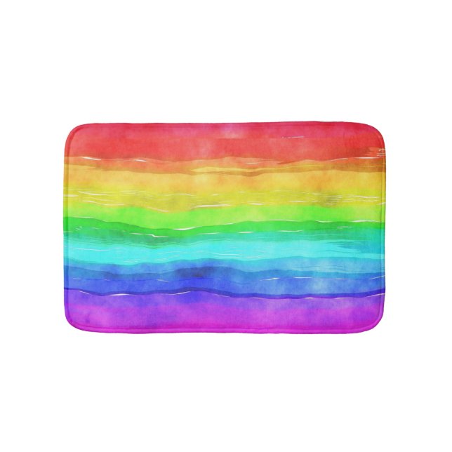 Watercolor Rainbow Stripes Design Bath Mat (Front)