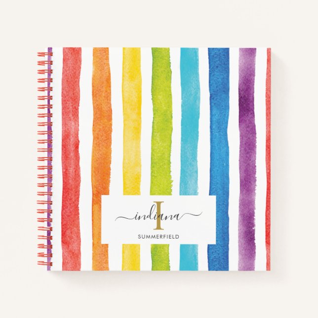 Watercolor Rainbow Stripes Monogram Script Name Notebook (Front)
