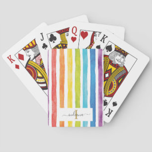 Watercolor Rainbow Stripes Monogram Script Playing Cards