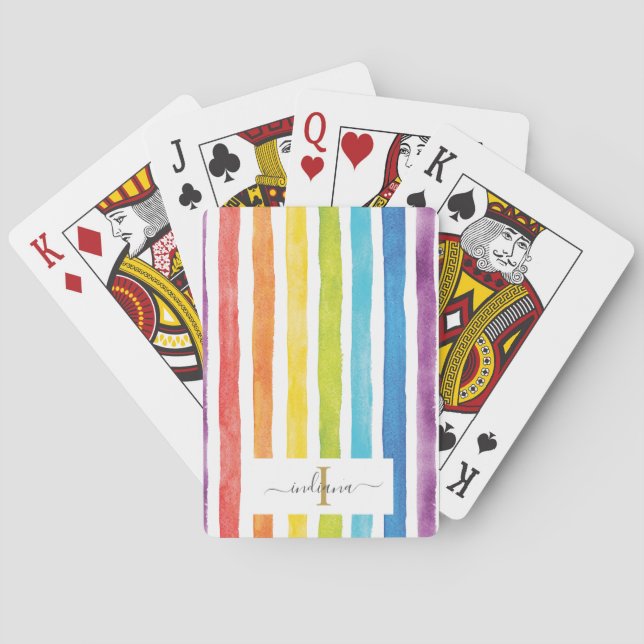 Watercolor Rainbow Stripes Monogram Script Playing Cards (Back)