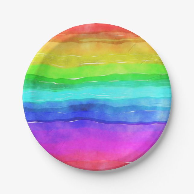 Watercolor Rainbow Stripes Paper Plate (Front)