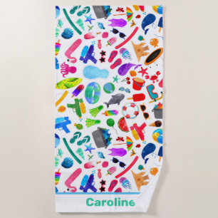 Watercolor Rainbow Summer Fun Kids Pattern Beach Towel