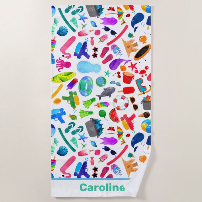 Watercolor Rainbow Summer Fun Kids Pattern Beach Towel (Front)