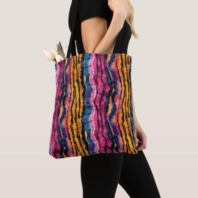Watercolor Rainbow Tiger Stripes Tote Bag (Close Up)