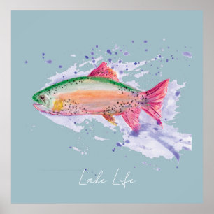 Watercolor Rainbow Trout Lake Life Poster