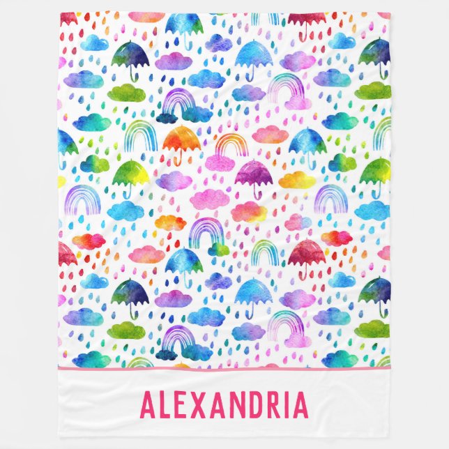 Watercolor Rainbow Umbrellas Rainy Day Girls Fleece Blanket (Front)