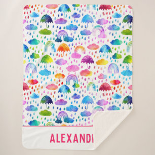 Watercolor Rainbow Umbrellas Rainy Day Girls Sherpa Blanket