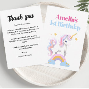 Watercolor Rainbow Unicorn 1st Birthday  Thank You Card