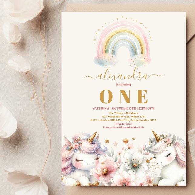 Watercolor Rainbow Unicorn Birthday Invitation 1st (Creator Uploaded)