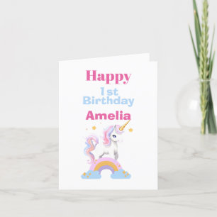 Watercolor Rainbow Unicorn First Birthday Card 
