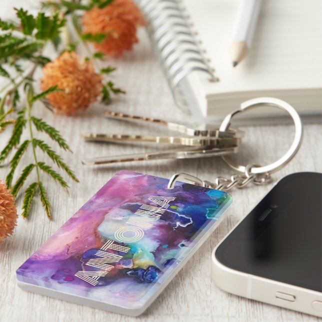 Watercolor Rainbow Whimsical Personalizable Name Keychain (Front Right)