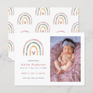 Watercolor Rainbow with Heart Birth Announcement