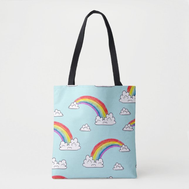 Watercolor rainbows and clouds seamless pattern tote bag (Front)