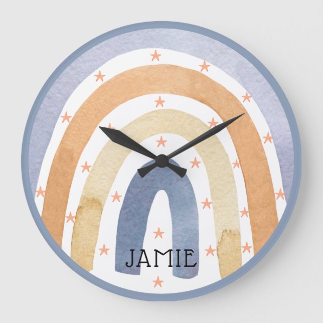 Watercolor Rainbows & Stars Personalized Large Clock (Front)