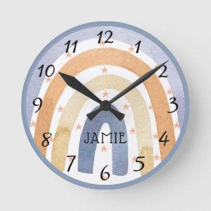 Watercolor Rainbows & Stars Personalized Round Clock