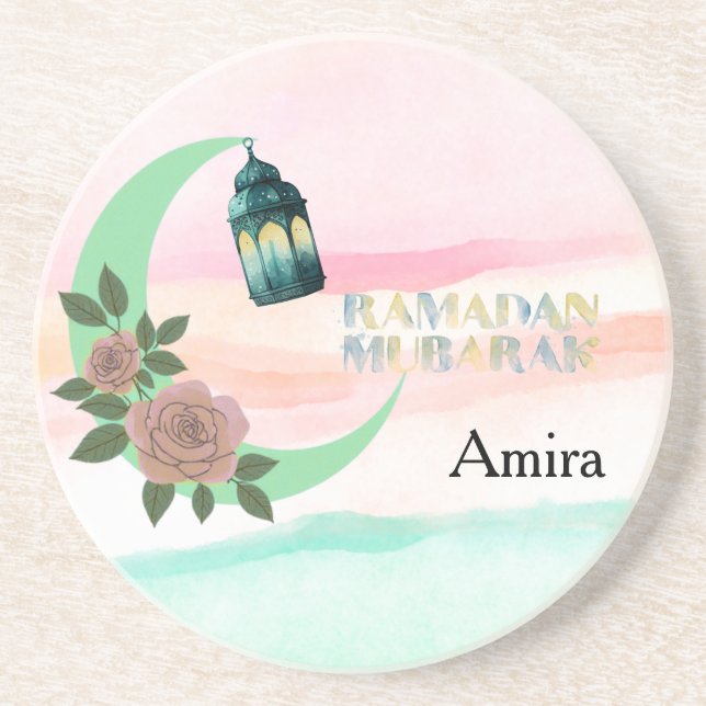 Watercolor Ramadan – Crescent Moon  Coaster (Front)