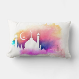 Watercolor Ramadan Mosque Oranges and Purples Lumbar Pillow