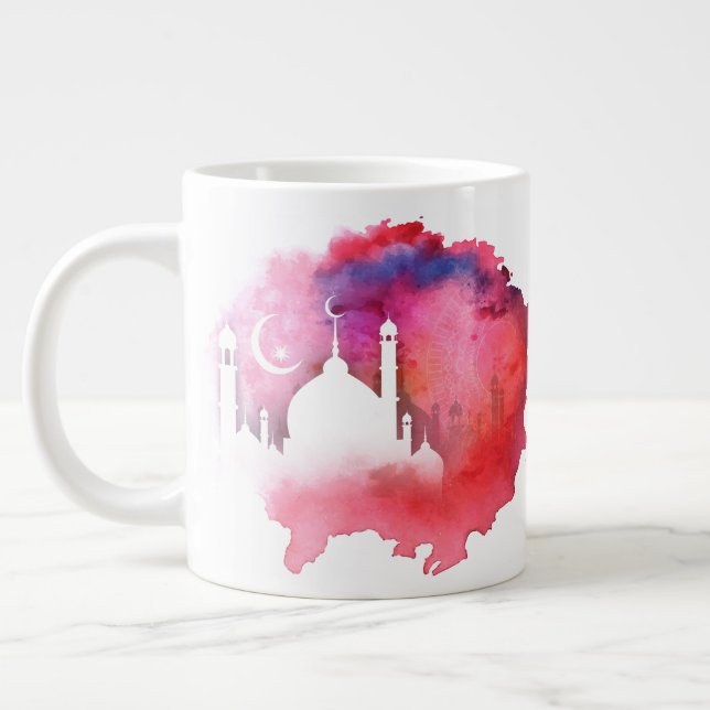 Watercolor Ramadan Mosque Reds and Purples Large Coffee Mug (Left)