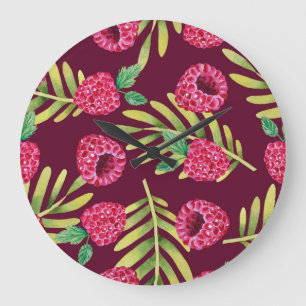 Watercolor raspberries: red fruit pattern. large clock