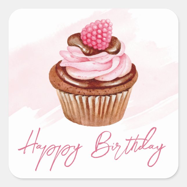 Watercolor Raspberry & Chocolate Cupcake Birthday Square Sticker (Front)